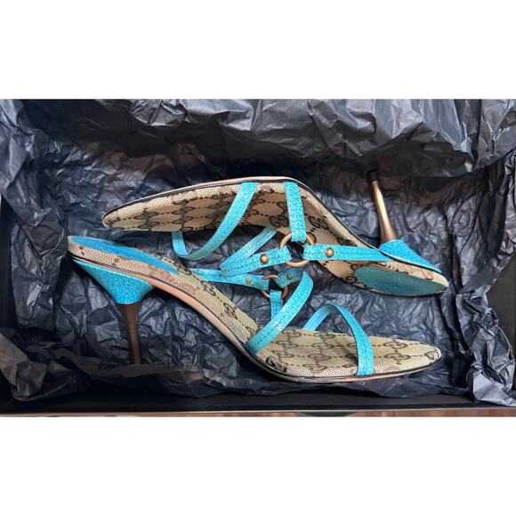 Auth Gucci GG Canvas Logo Turquoise Blue Strappy Heel Sandals Size 36 C W/Box - Picture 15 of 15